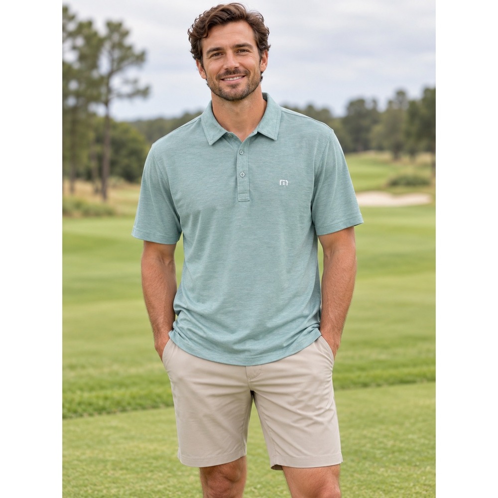 TravisMathew Mens Large Sage Green Heathered Short Sleeve Golf Polo Shirt